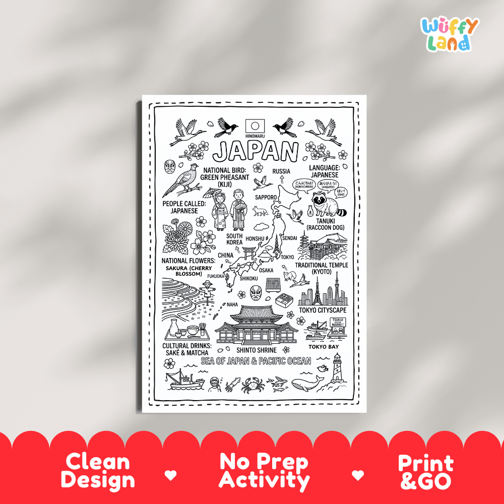 Educational activity coloring page highlighting Japan's national bird the Green Pheasant, Cherry Blossom, and tanuki
