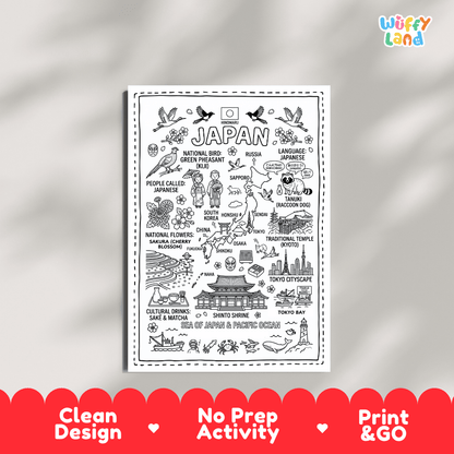 Educational activity coloring page highlighting Japan's national bird the Green Pheasant, Cherry Blossom, and tanuki