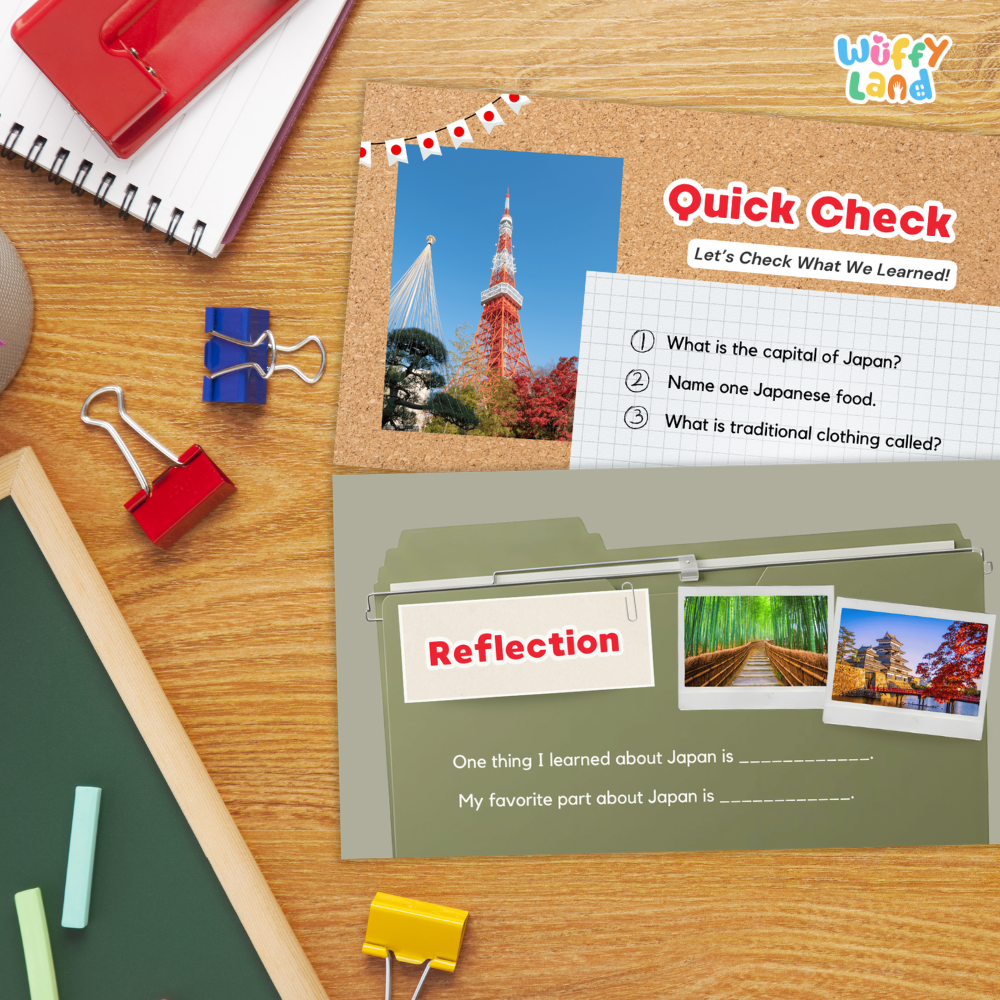 A Japanese learning reflection and quick check worksheet set from Wiffy Land, displayed in a styled desk flat-lay with school supplies like a spiral notebook, binder clips, chalkboard, and colored chalk on a wooden table.