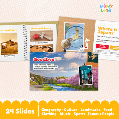 A product display of a children's educational slide deck titled 'Wuffiy Land' about Japan, showing several sample slide layouts including a spiral-bound notebook page, a corkboard map, and a colorful landscape slide with Mount Fuji and cherry blossoms. A yellow banner at the bottom reads '24 Slides' with categories like Geography, Culture, and Landmarks.