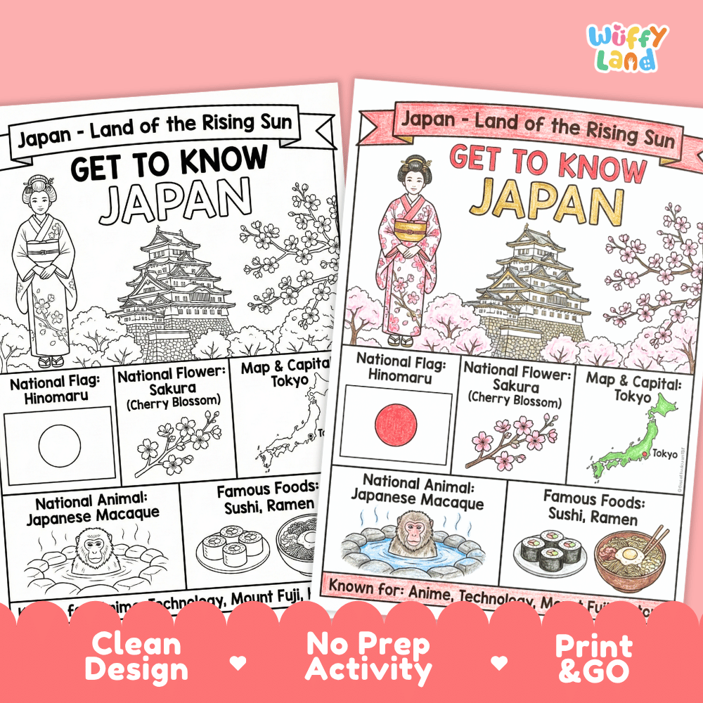 Japan Geography Coloring Poster and Fact Sheet Printables