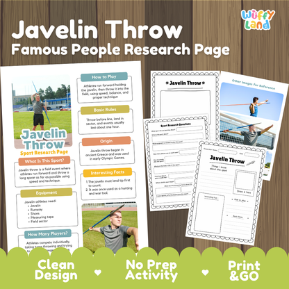 Javelin Throw Sport Research Project Worksheets and Fact Sheet Activity