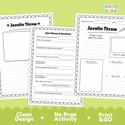 Three printable worksheet pages for a 'Javelin Throw' science activity, displayed on a light green background with promotional text at the bottom. The worksheets are white with black text and outlines, and the brand logo 'Wiffy Land' is visible in the top right corner.