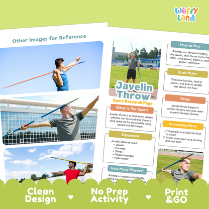 Javelin Throw Sport Research Project Worksheets and Fact Sheet Activity