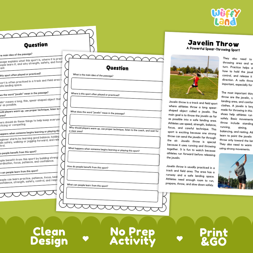 Javelin Throw Sports Reading Passages and Comprehension Questions Worksheets