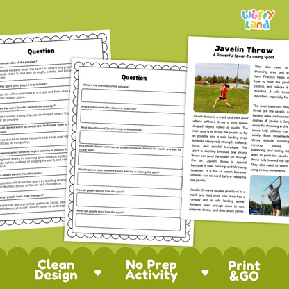 Javelin Throw Sports Reading Passages and Comprehension Questions Worksheets