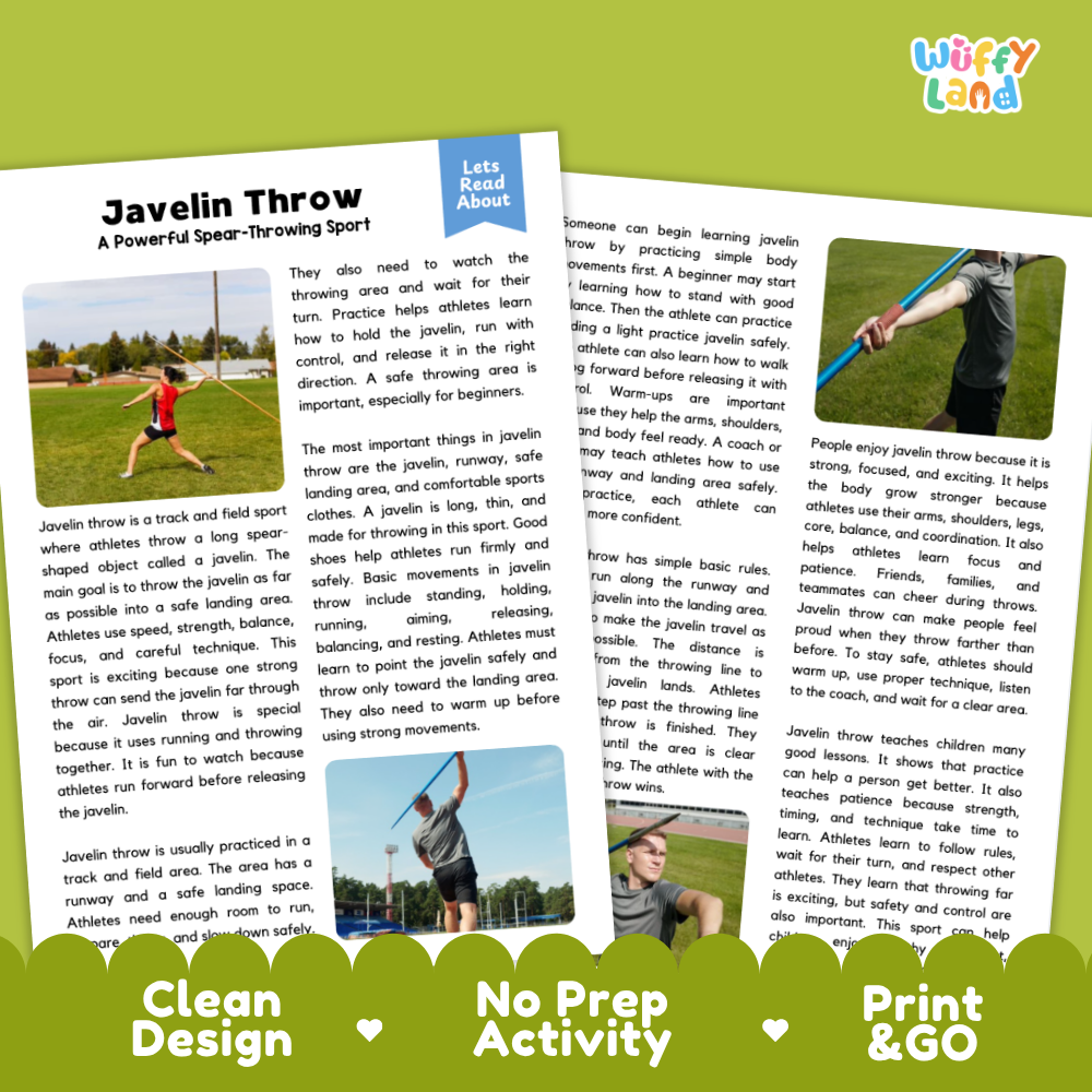A printed educational poster titled 'Javelin Throw' with text blocks, a small action photo of an athlete throwing a javelin, and a 'Juffry Land' logo at the top right, shown on a light gray background.