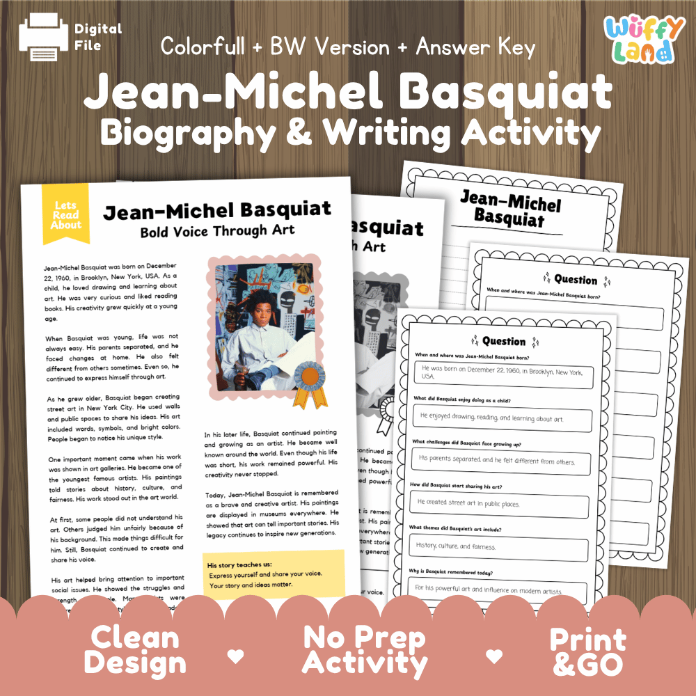 Jean-Michel Basquiat biography and writing activity printable pack featuring reading comprehension passages and answer keys