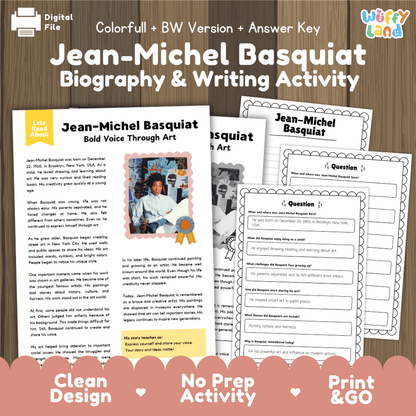Jean-Michel Basquiat biography and writing activity printable pack featuring reading comprehension passages and answer keys