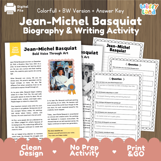 Jean-Michel Basquiat biography and writing activity printable pack featuring reading comprehension passages and answer keys