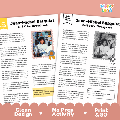 Lined writing activity page with decorative border for elementary students to write about Jean-Michel Basquiat