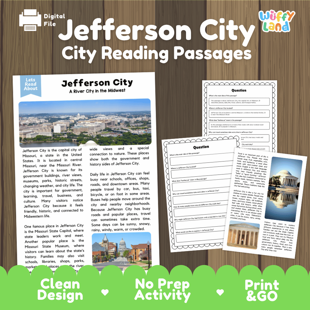 Jefferson City city reading passages and comprehension worksheet educational unit featuring nonfiction text and authentic Jefferson City Missouri capitol and river photography