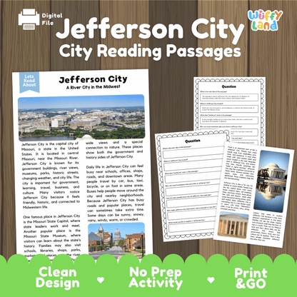 Jefferson City city reading passages and comprehension worksheet educational unit featuring nonfiction text and authentic Jefferson City Missouri capitol and river photography