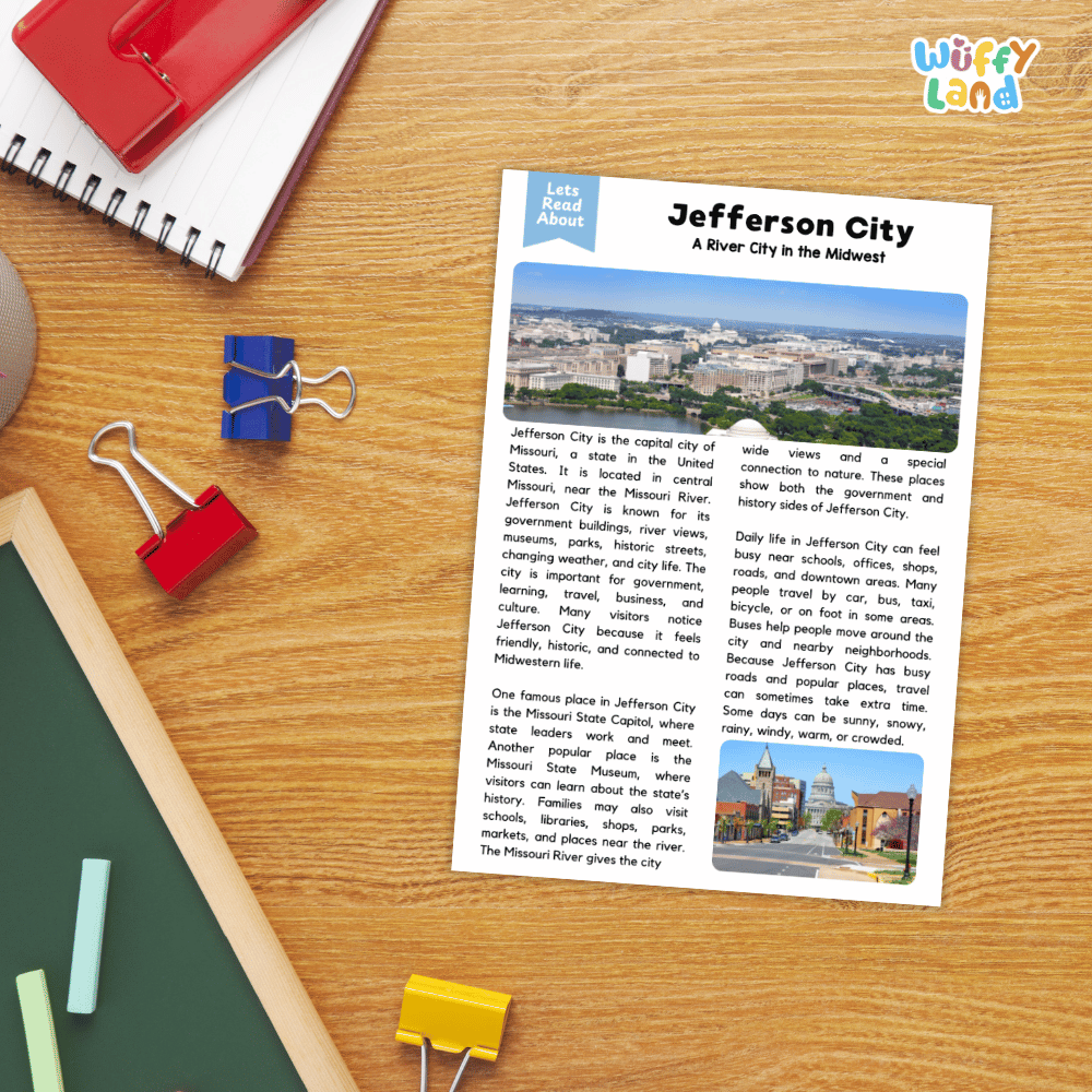 Lined reading comprehension question worksheet covering main ideas vocabulary terms and landmark facts about Jefferson City Missouri