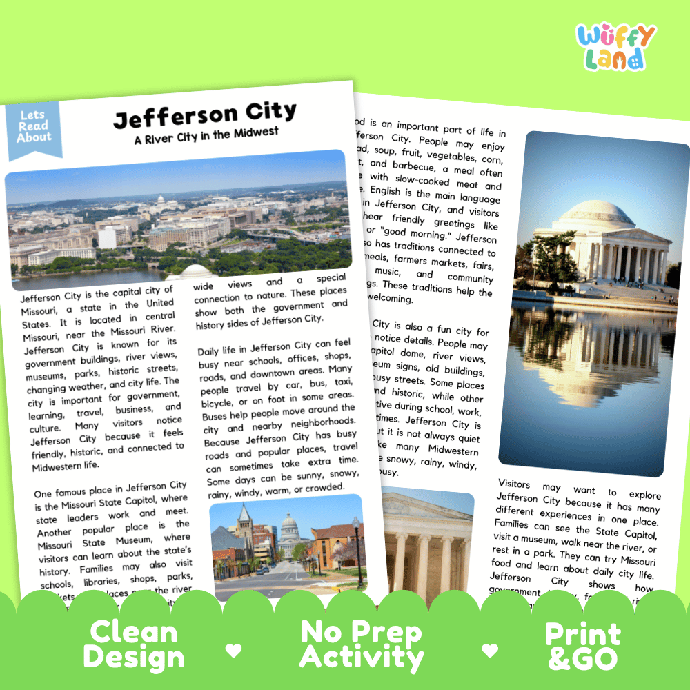 Reference sheet and answer key for Jefferson City landmark reading passage displaying completed comprehension answers and United States geography facts
