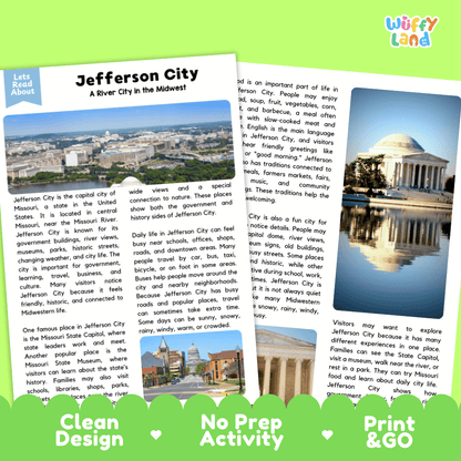 Reference sheet and answer key for Jefferson City landmark reading passage displaying completed comprehension answers and United States geography facts
