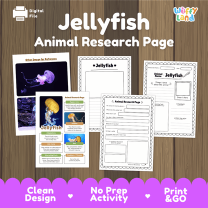 Jellyfish Animal Research Page digital download activity sheet set on a wood background, featuring worksheet pages and a reference card with jellyfish images, branded by Wiffly Land.