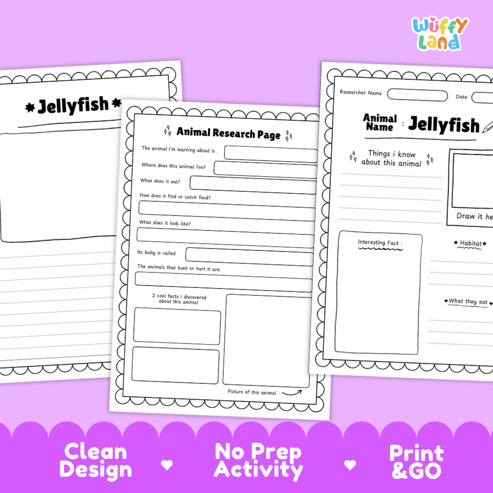 Three printable educational activity sheets for learning about jellyfish and animal research, displayed on a purple background with the brand name 'Wiffy Land' in the top right corner.
