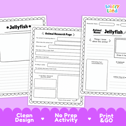 Three printable educational activity sheets for learning about jellyfish and animal research, displayed on a purple background with the brand name 'Wiffy Land' in the top right corner.