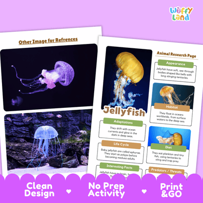 Educational poster and activity sheet set about jellyfish, shown on a pink background with promotional text reading 'Other Image for References,' 'Clean Design,' 'No Prep Activity,' and 'Print & GO.' The sheets include a dark underwater jellyfish photo, a yellow jellyfish illustration, labeled fact boxes, and an animal research page layout.