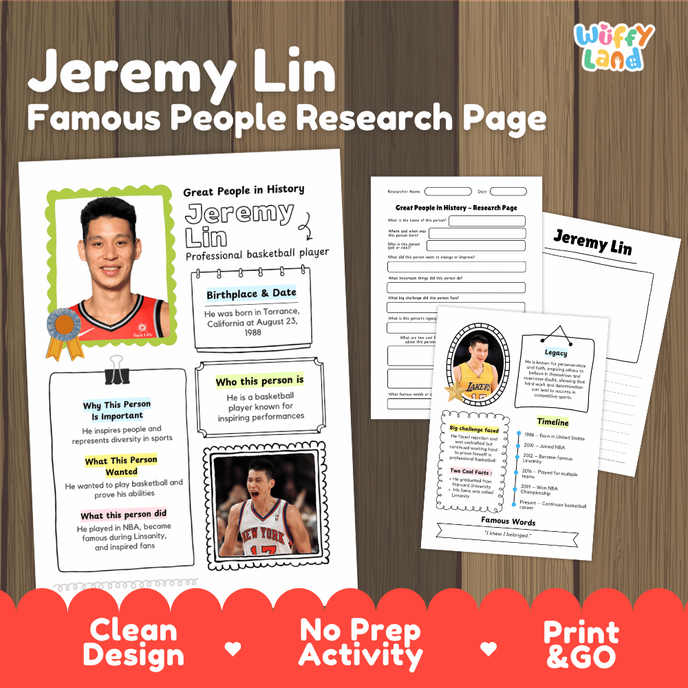 Jeremy Lin biography research worksheets pack featuring graphic organizers, timeline activity, and student writing template