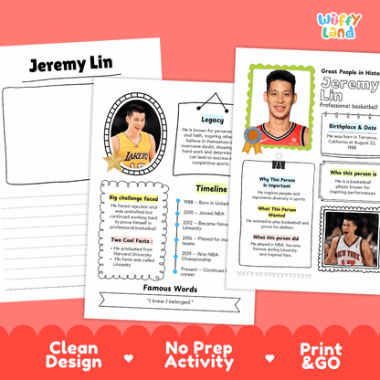 Great People in History student fact profile card detailing Jeremy Lin's birthplace, basketball career, and NBA achievements