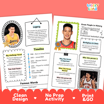 Educational biography summary worksheet featuring a chronological timeline, famous quote, and lined student writing page