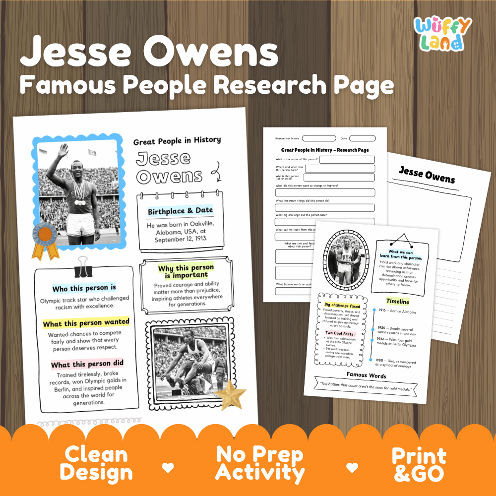Jesse Owens Famous People Research Page Worksheets and Biography Activity