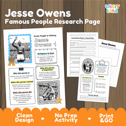 Jesse Owens Famous People Research Page Worksheets and Biography Activity