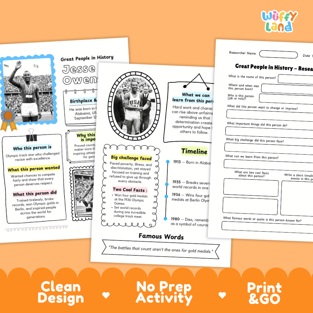 Jesse Owens Famous People Research Page Worksheets and Biography Activity