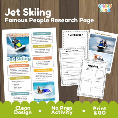Jet Skiing Water Sport Research Project Worksheets and Fact Sheet