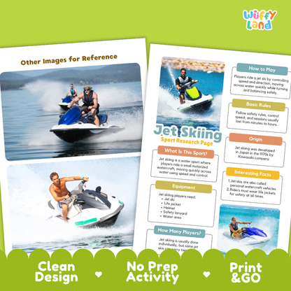 Jet Skiing Water Sport Research Project Worksheets and Fact Sheet