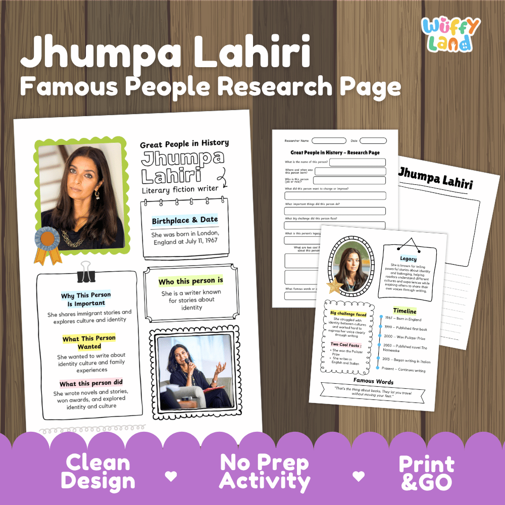 Jhumpa Lahiri biography research worksheets pack featuring graphic organizers, timeline activity, and student writing template