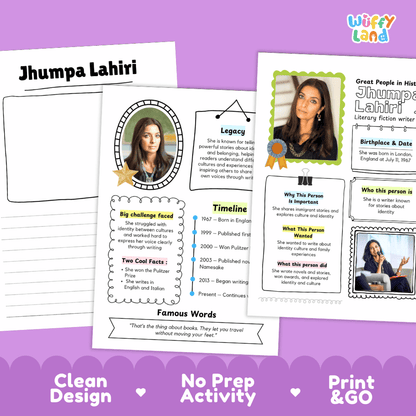 Great People in History student fact profile card detailing Jhumpa Lahiri's birthplace, fiction writing, and Pulitzer Prize achievement