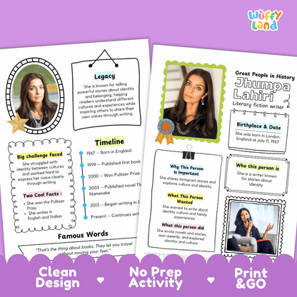 Educational biography summary worksheet featuring a chronological timeline, famous quote, and lined student writing page