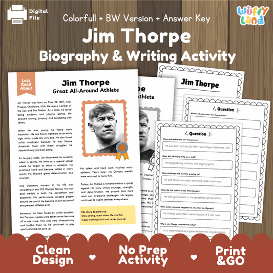 Jim Thorpe biography reading comprehension worksheets with nonfiction passage, comprehension questions, writing activity and answer key for students