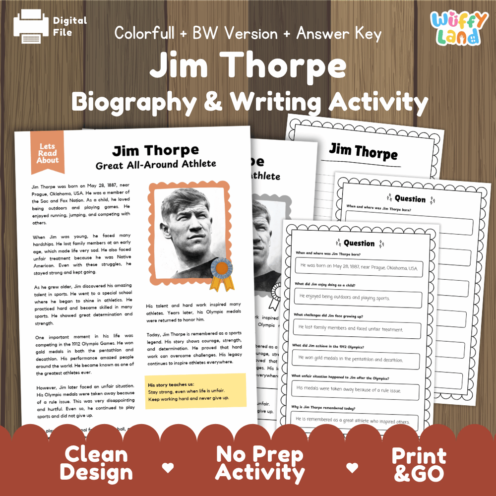 Digital printable activity sheet set for Jim Thorpe Biography & Writing Activity, shown on a wood background with multiple worksheet pages and an answer key. The sheets include text, a black-and-white portrait, and writing prompts.