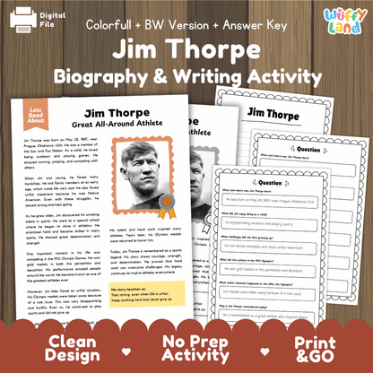 Digital printable activity sheet set for Jim Thorpe Biography & Writing Activity, shown on a wood background with multiple worksheet pages and an answer key. The sheets include text, a black-and-white portrait, and writing prompts.