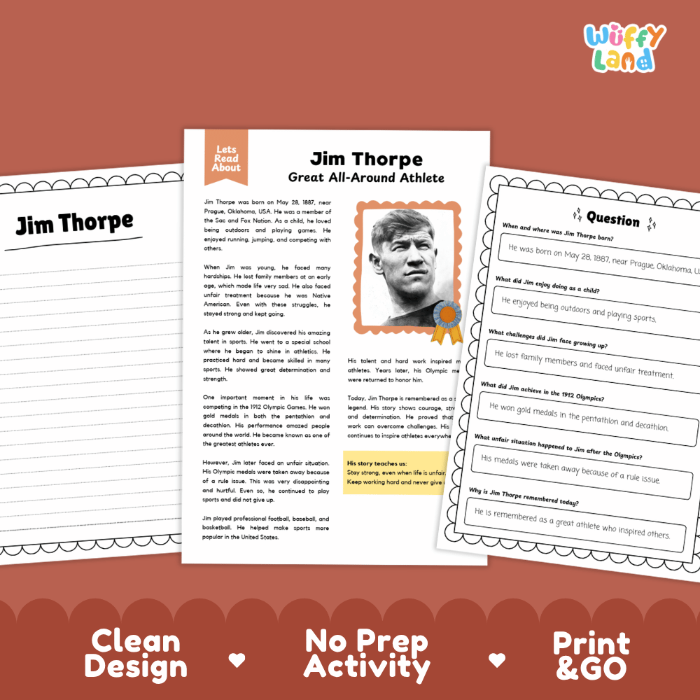 Three printable educational activity sheets about Jim Thorpe are shown on a warm brown background. The center sheet is a reading/activity page titled 'Jim Thorpe Great All-Around Athlete' with text, a portrait photo, and a small 'Let's Read About' header.