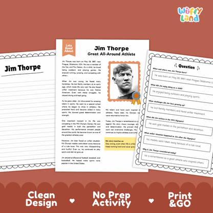 Three printable educational activity sheets about Jim Thorpe are shown on a warm brown background. The center sheet is a reading/activity page titled 'Jim Thorpe Great All-Around Athlete' with text, a portrait photo, and a small 'Let's Read About' header.