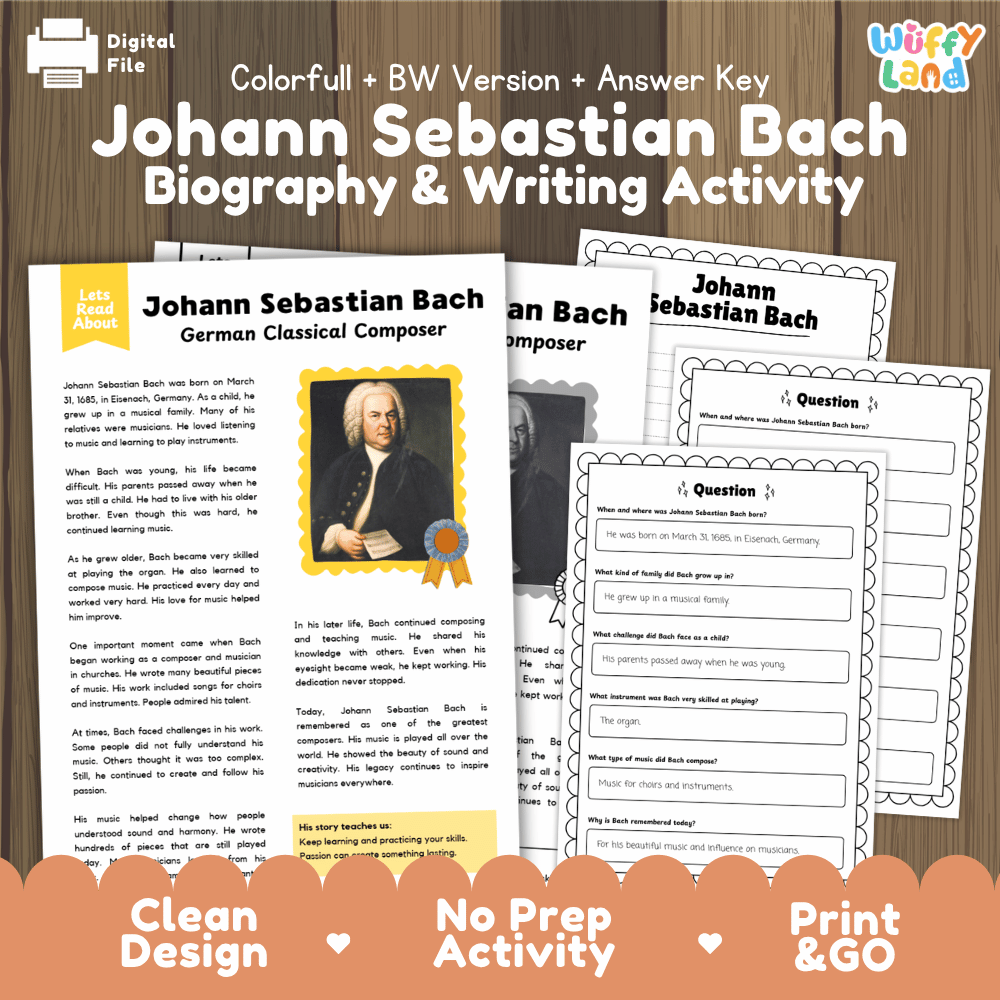Johann Sebastian Bach biography and writing activity pack cover featuring reading passage sheets, questions, and answer keys