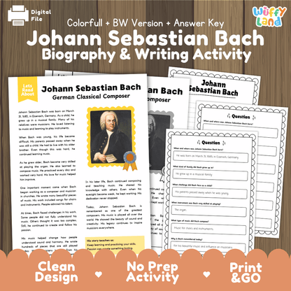 Johann Sebastian Bach biography and writing activity pack cover featuring reading passage sheets, questions, and answer keys