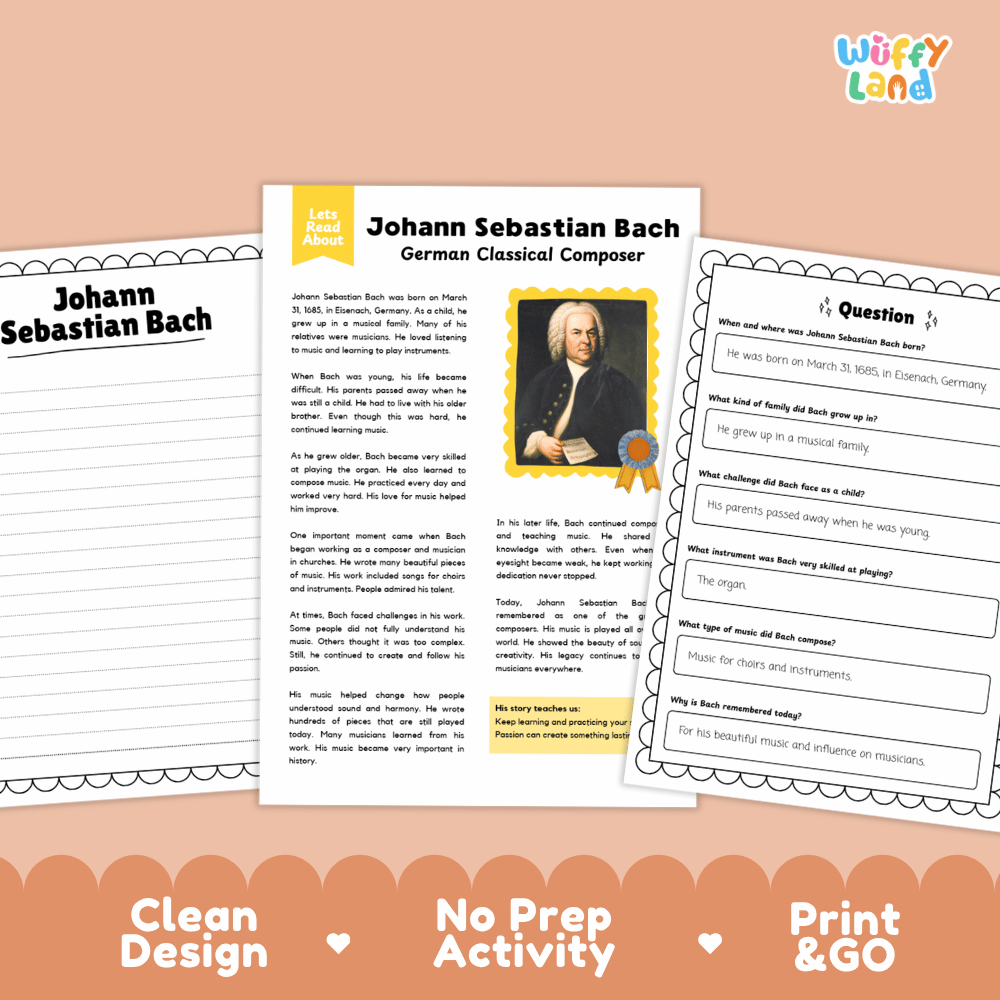 Educational biography passage titled Johann Sebastian Bach German Classical Composer with historic portrait illustration