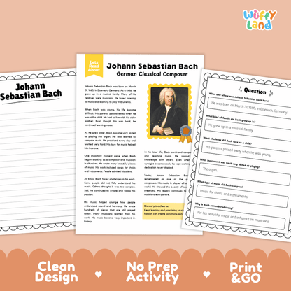 Educational biography passage titled Johann Sebastian Bach German Classical Composer with historic portrait illustration
