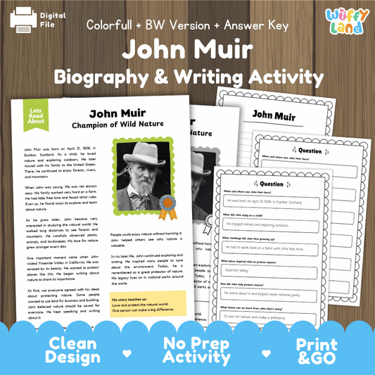 John Muir biography reading comprehension worksheets with nonfiction passage, comprehension questions, writing activity and answer key for students