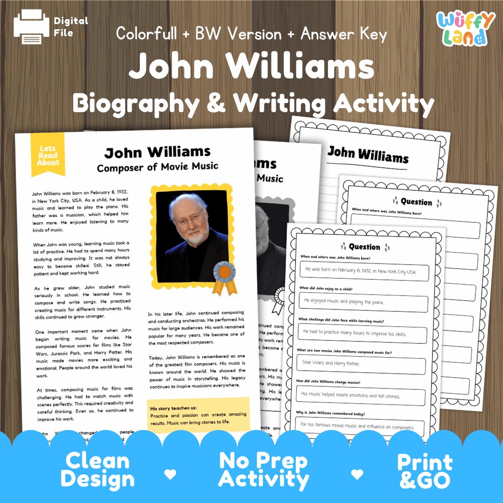 John Williams biography and writing activity pack cover featuring reading passage sheets, questions, and answer keys