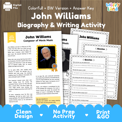 John Williams biography and writing activity pack cover featuring reading passage sheets, questions, and answer keys