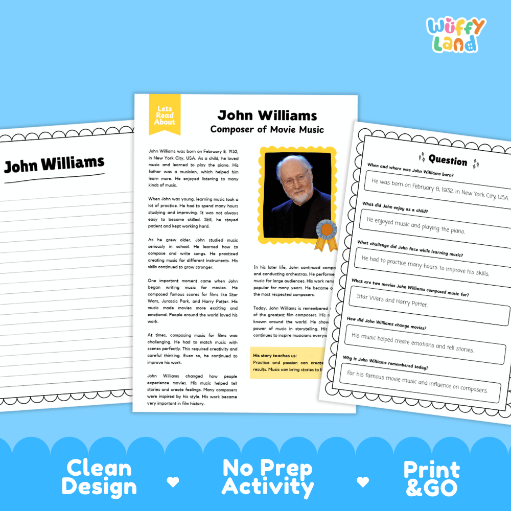 Educational biography reading passage titled John Williams Composer of Movie Music with portrait photo and key life facts