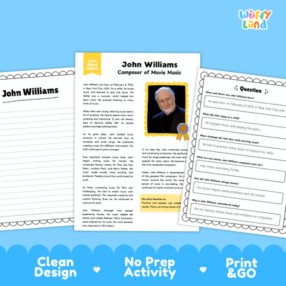 Educational biography reading passage titled John Williams Composer of Movie Music with portrait photo and key life facts