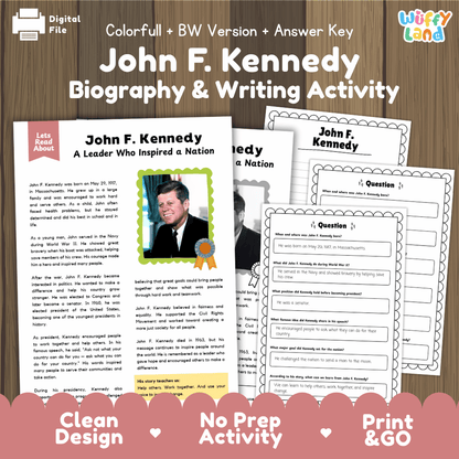 John F. Kennedy Biography Reading Passage and Writing Activity Worksheets